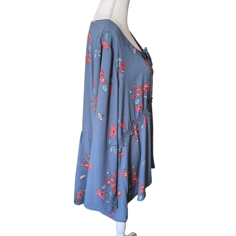Eyeshadow Blue Gray Floral Lace Trim Tie Neck Peasant Tunic Blouse Top 3X *READ‎ - Picture 13 of 14